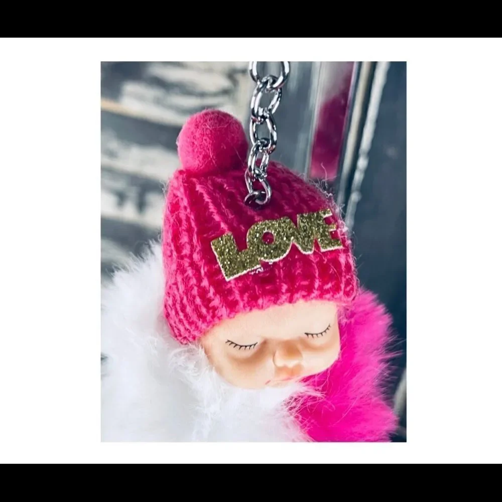 Pom Baby Keychain-Pink & White w/Pink Hat